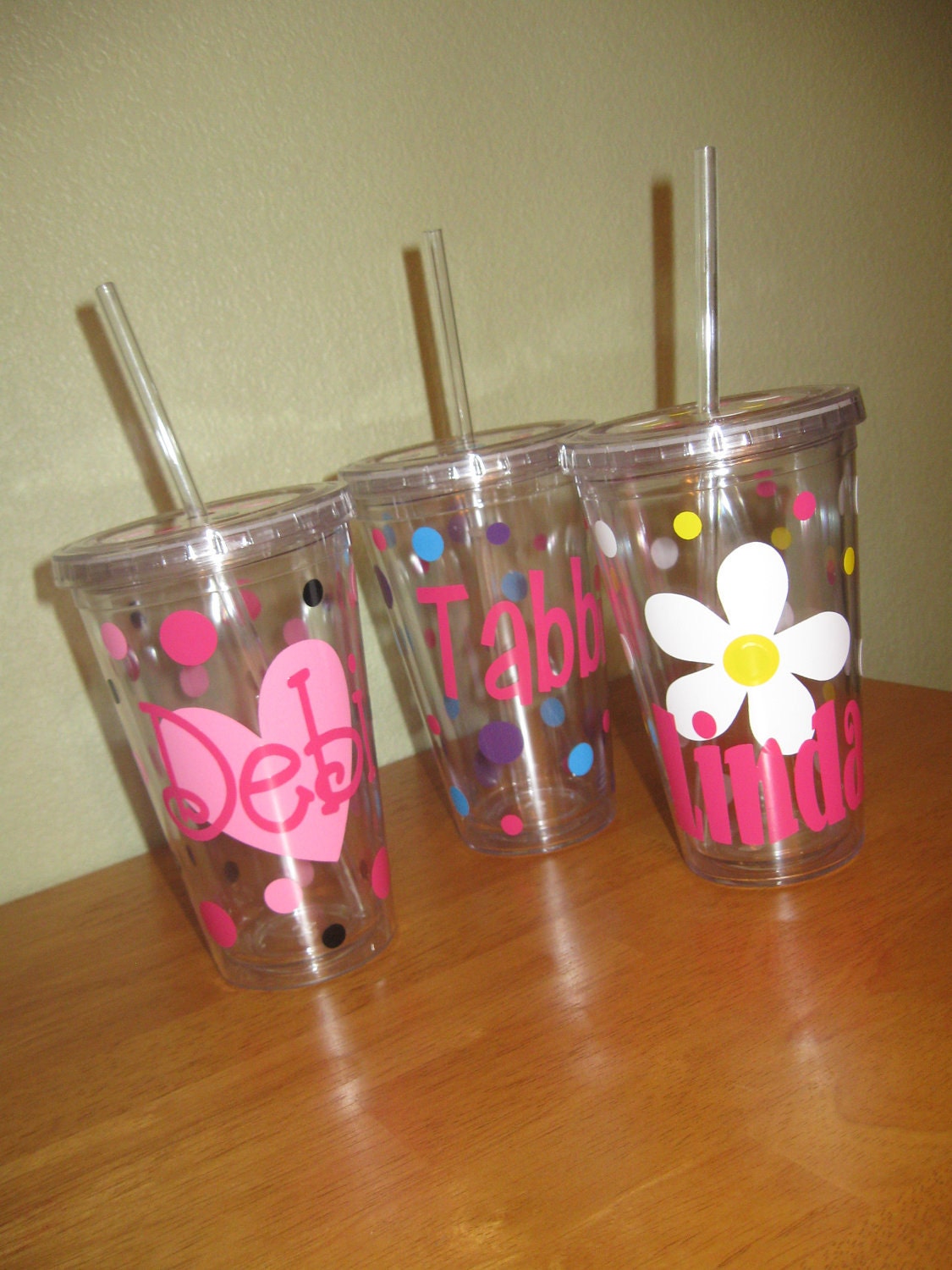 Personalized double wall acrylic tumbler 16 oz w/ lid & straw, name over heart, flower or initial, polka dots