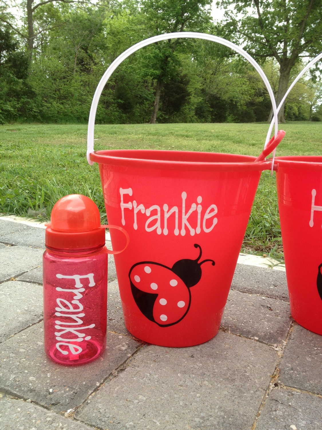Gift set-Personalized beach bucket with shovel and matching water bottle - name or monogram, ladybug or any design