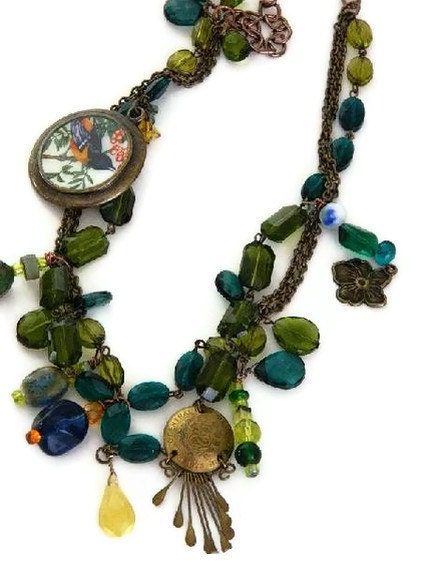 Necklace Beaded Charm Assemblage BIRDSONG