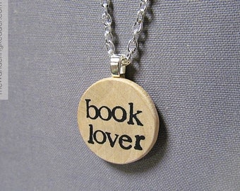Book Lover Hand Stamped Literary Bibliophile Necklace in Black Typewriter Font - Reader Jewelry