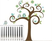 Children Vinyl Decal Tree with Owls,Flowers,Birds - Nursery Vinyl Wall Decal