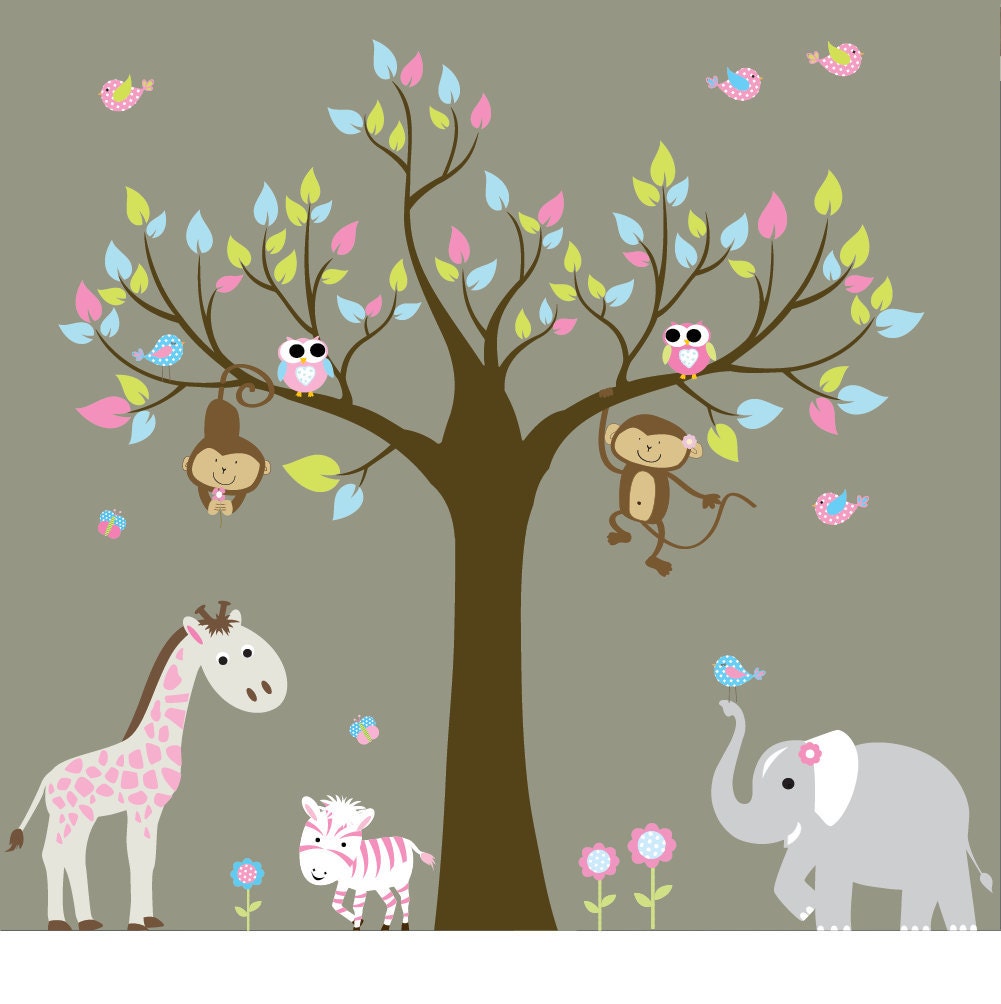 Girls  Safari  Jungle Wall Decals-Elephant Monkeys Giraffe Olws