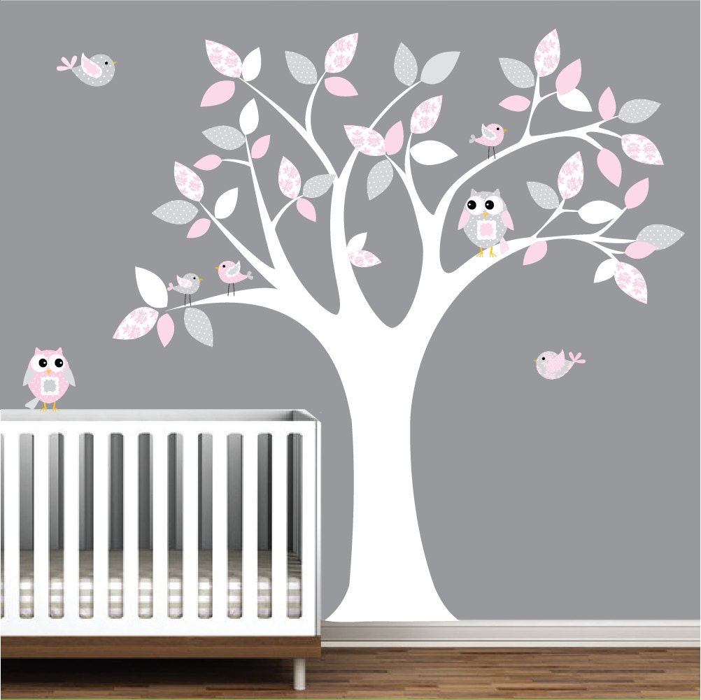 Nursery decal baby nursery chlidrens wall decals tree with pattern leaves Owls Birds