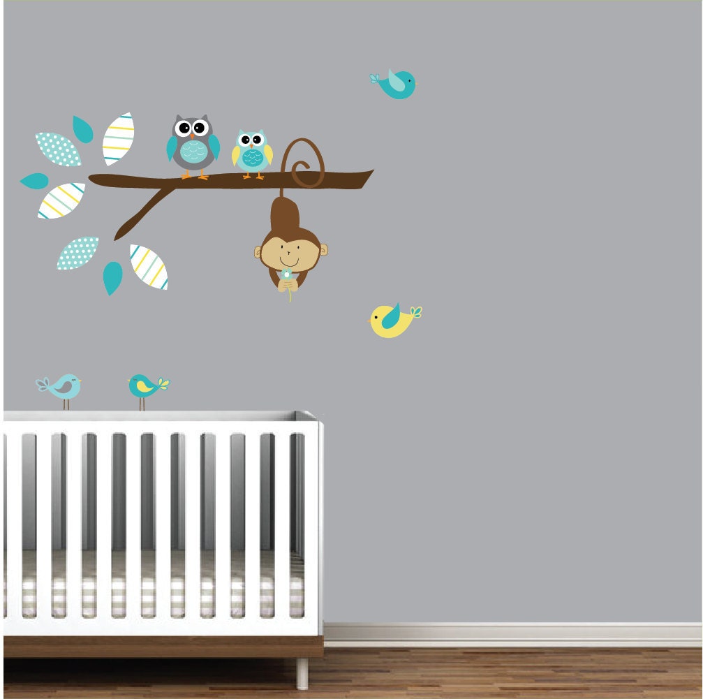 Children Vinyl Wall Decal Branch with Owls Birds-Nursery Tree Decals