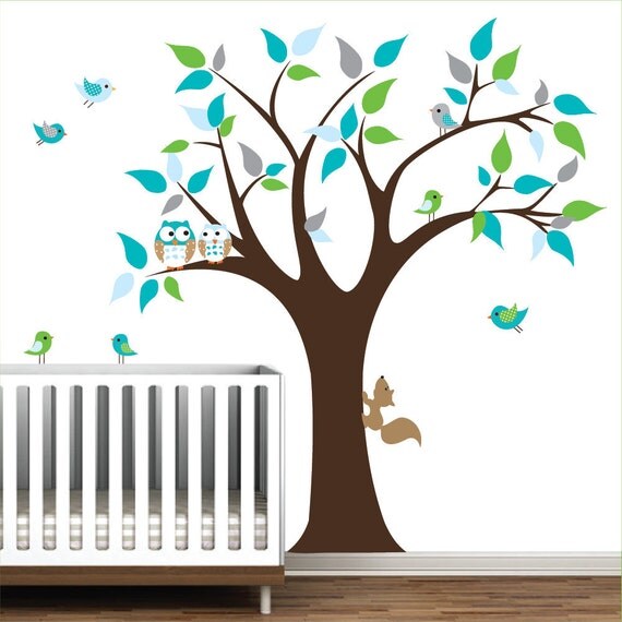 Children Vinyl Wall decals nursery tree wall stickers with owls,Squirrel