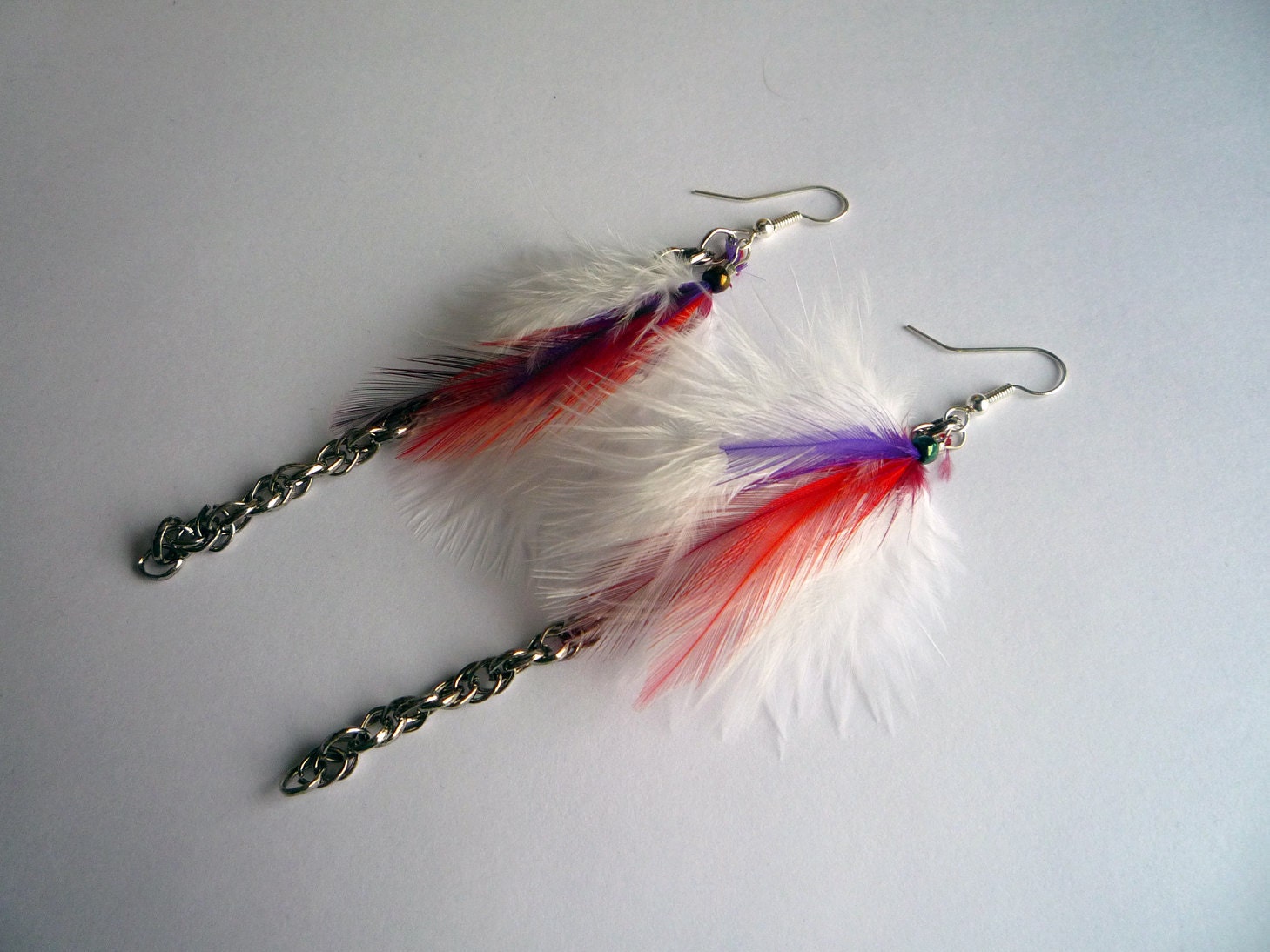 Purple, Red, and White Feather Earrings