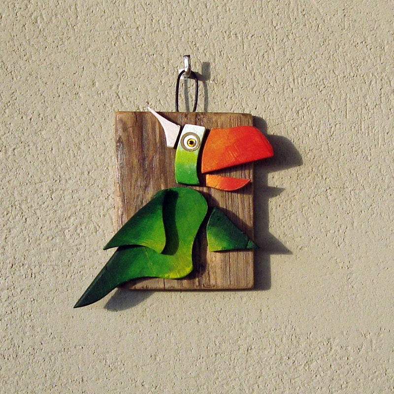 Wood Collage Bird - green potter found objects assemblage