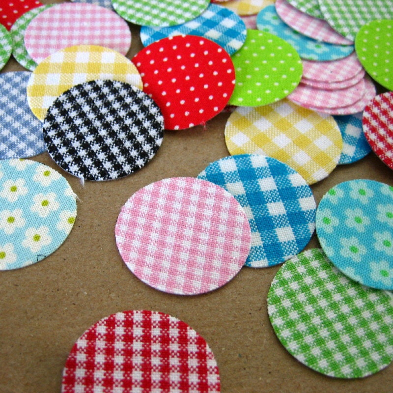 10 Round Stickers Fabric Gingham Cotton Hand Die Cut - YOU PICK COLORS - 1 inch