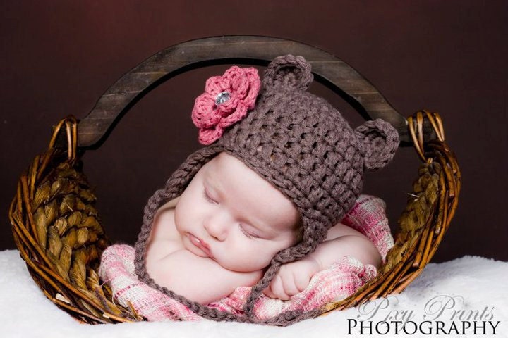 Bear Earflap Hat Organic Cotton & Flower Clip Photo Prop - Newborn Baby 0-3 3-6 months (Made to Order)