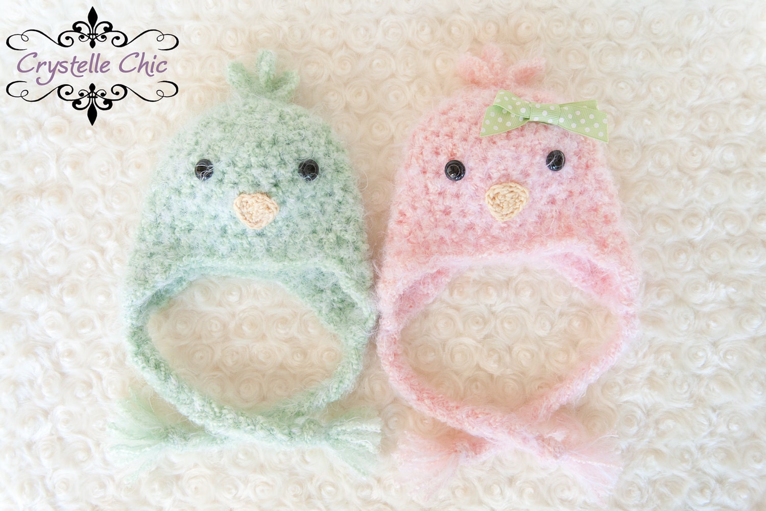 TWIN Pink Green or Blue Chick Bird Earflap Hats Spring Photo Prop - Newborn or 0 - 3 months