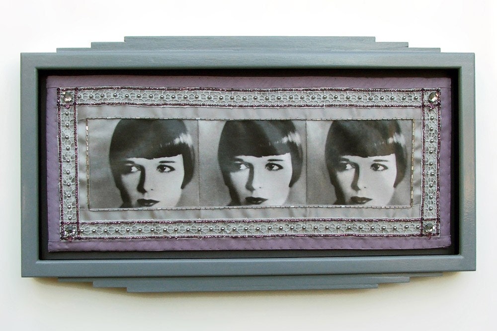 mixed media art - Louise Brooks - art deco frame, 1920 flapper, old hollywood glamour, roaring twenties, silver, lilac, charcoal gray - inthecrystalpalace