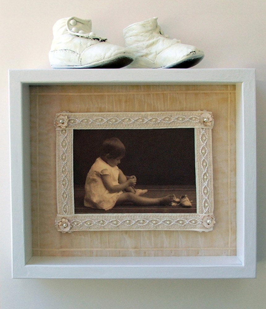 A Step Toward Independence - mixed media assemblage, feminist art, keepsake, Victorian shoes,1920s girl, white shoes,