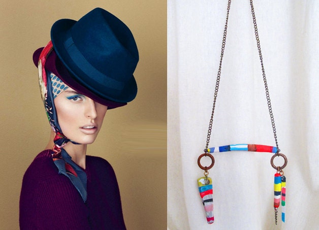 Sale- Rainbow Swing - Hand Painted Wood, Clay and Leather Necklace - One of a Kind