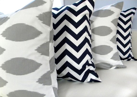 set of Four Pillow Covers - Navy Blue Chevron Zig Zag Stripes and Gray Ikat - 18x18 inches - Mix and Match Pillow Covers