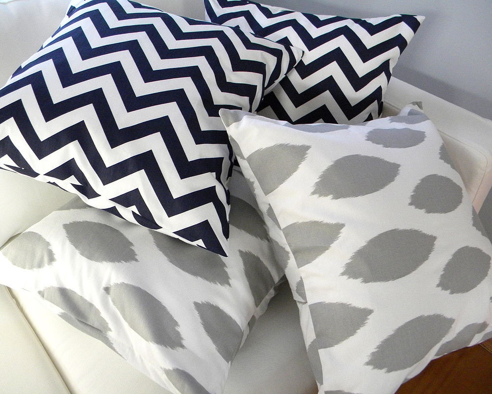 set of Four Pillow Covers - Navy Blue Chevron Zig Zag Stripes and Gray Ikat - 18x18 inches - Mix and Match Pillow Covers