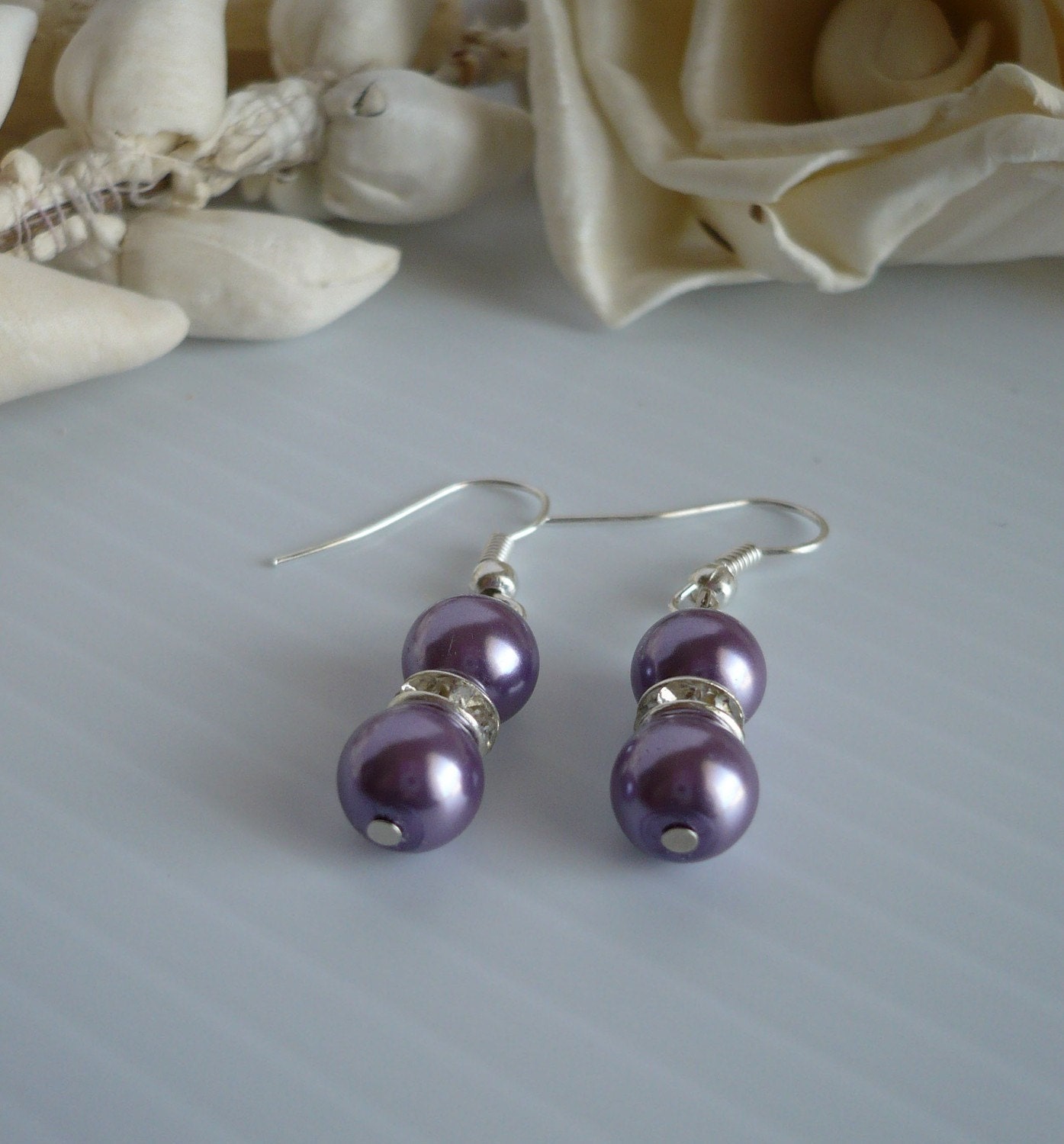 Purple Bridesmaid Earrings - Purple Pearl and Crystal Rondelle Earrings