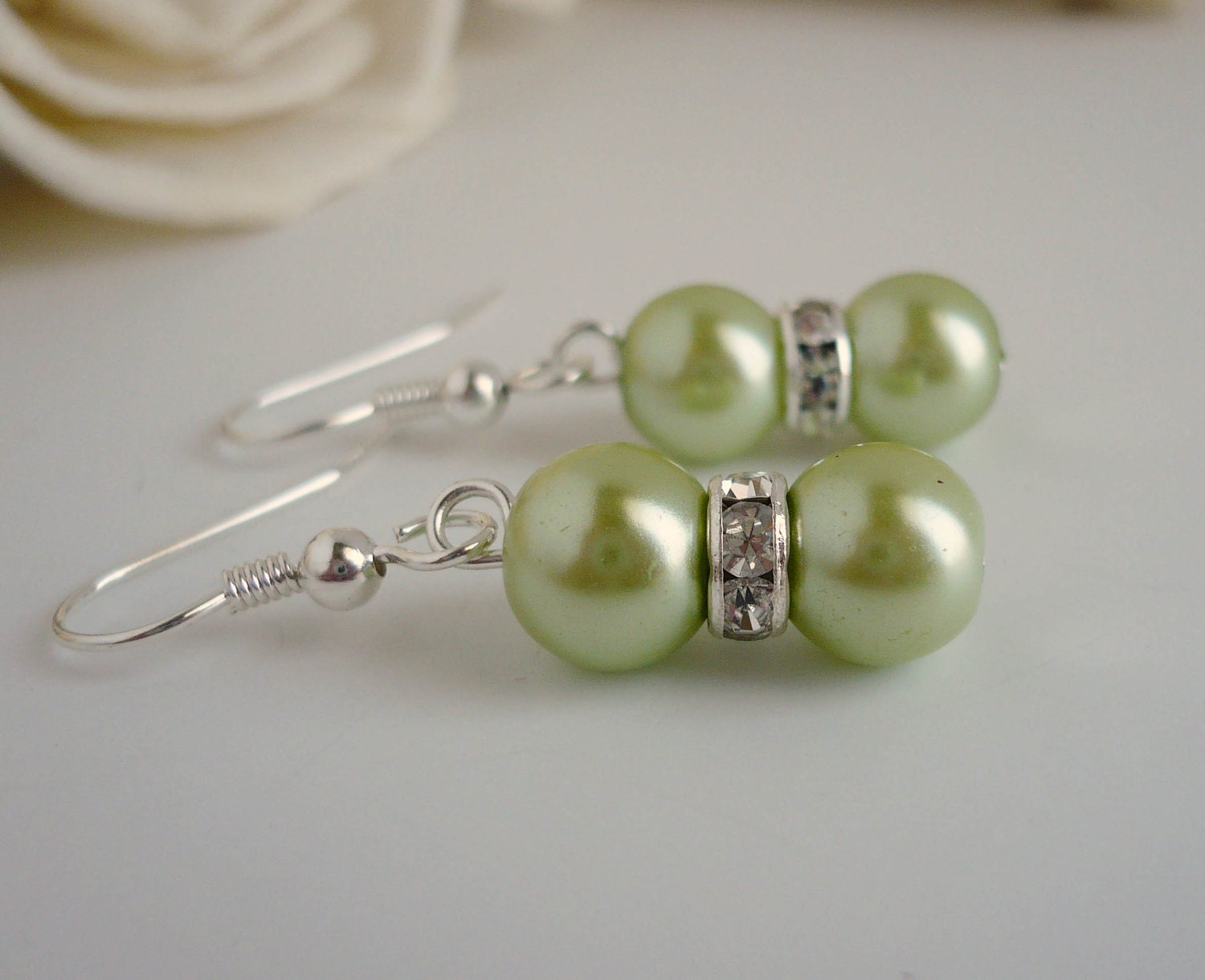Lime Bridesmaids Earrings - Lime Green Pearls and Crystal Rondelle Earrings