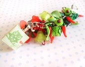 Keychain Purse Charm/ Fob with Owl, Peppers and Green Beads and Flowers with Bird Scrabble Tile