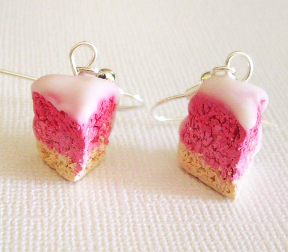 Strawberry Vanilla Cake Slices with White Vanilla Frosting Polymer Clay Earrings