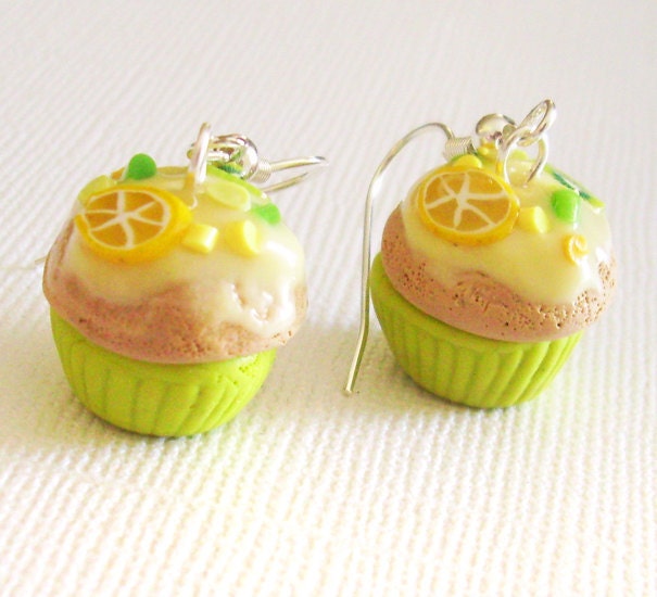 RESERVED-- Vanilla Lemon Kiwi Cupcake Earrings, Polymer Mini Food Earrings with Yellow Frosting and Fruit Sprinkles, Mini Cakes