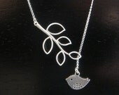 STERLING silver Adjustable Double Sided  Bird Necklace Leaf Lariat Nature Inspired Bridal Birdesmaids Gift Birthday