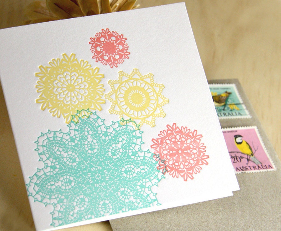 Mother's Day Spring, Letterpress pastel card in turquoise blue - mint green, sunshine yellow and peach - coral pink  made in Australia