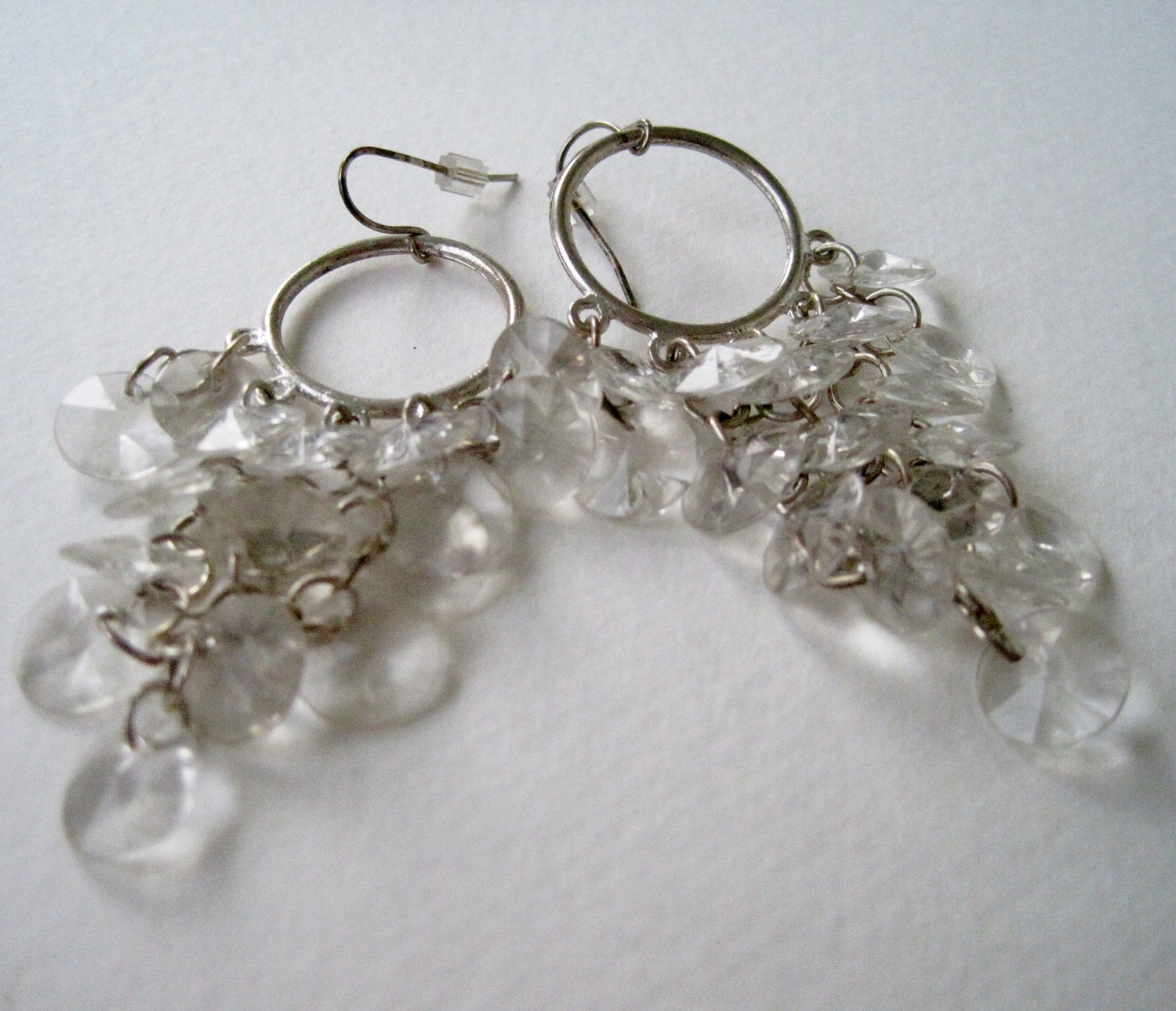Vintage Retro Hollywood Regency Silvertone Hoop Clear Plastic Crystal Chandelier Earrings
