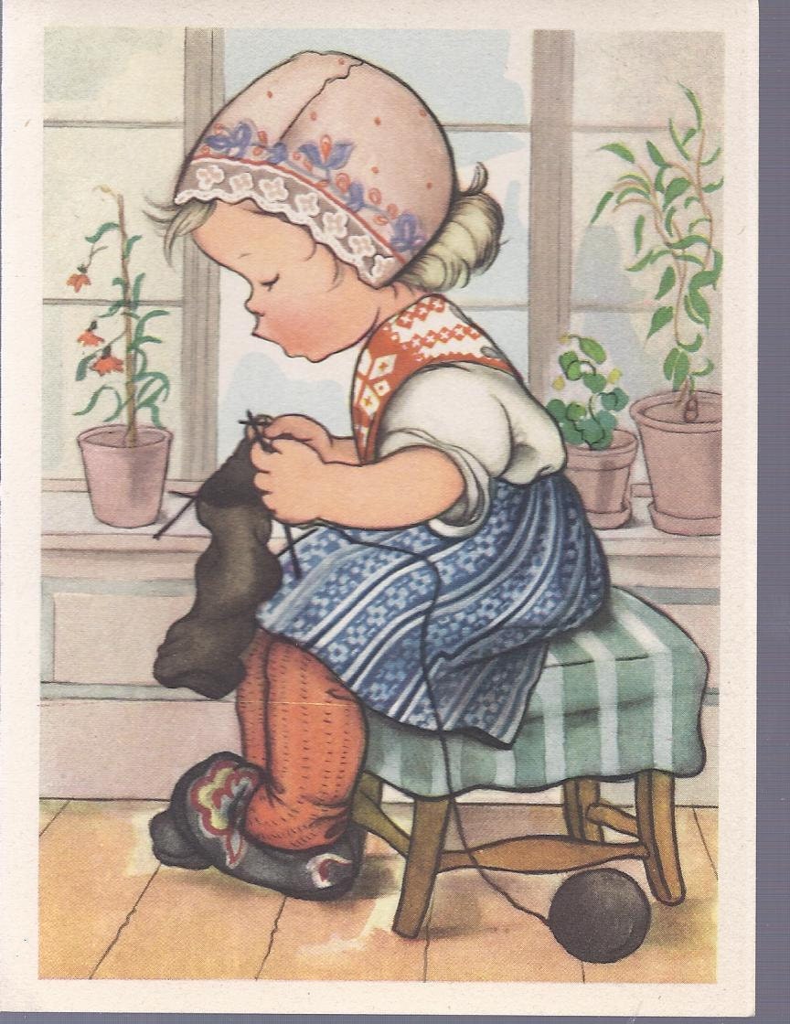 M320 Vintage Unused  Greeting Card by Ars Sacra Girl knitting