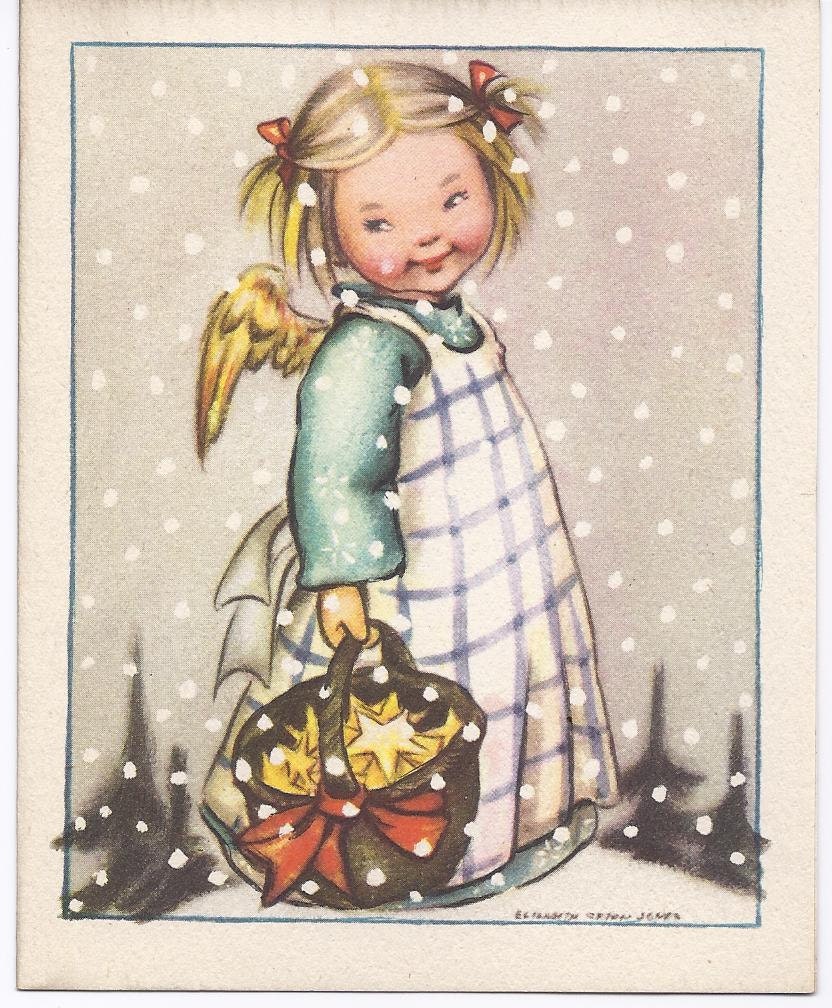 C25 Vintage Unused  Christmas Greeting Card by Ars Sacra Angel with basket of stars