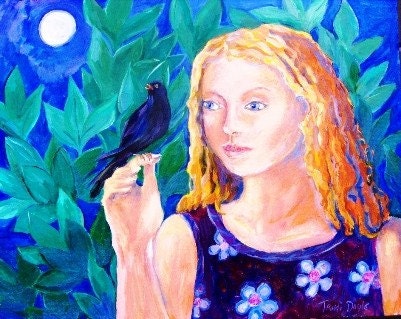 Blackbird singing in the dead of night - print  (A5 size) 6 x 8 ins with free mat
