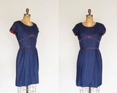 1950s Dress - 50s Dress - Navy Blue Silk Cocktail Dress