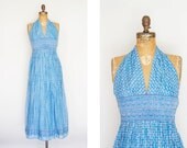 1970s Dress - 70s Dress - Blue Indian Cotton Halter Maxi Dress