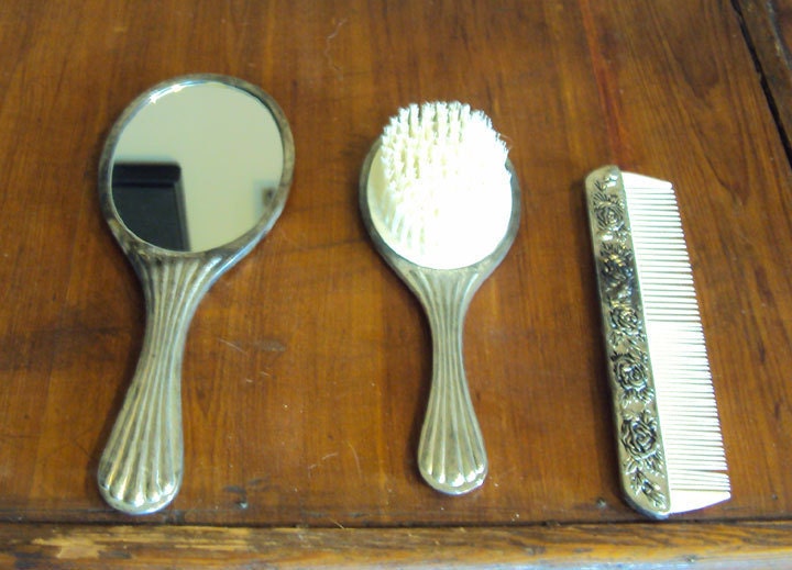 Silver Handmirror and Brush Set w/ Comb - Rose Pattern
