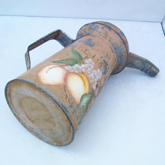 Galvanized Watering Can, Old Oil Can, Industrial Chic, Metal Container, Peach Decor, Pear Art