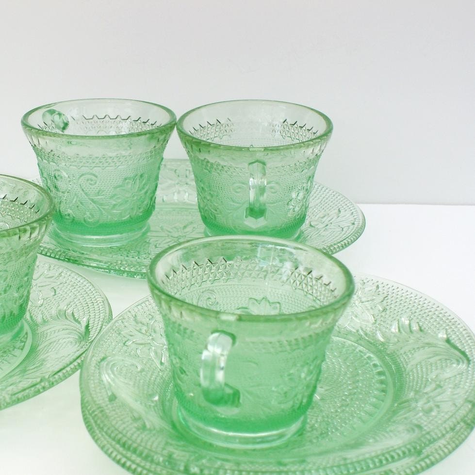 Green Depression Glass, Depression Glass, Green Glass Plates and Cups
