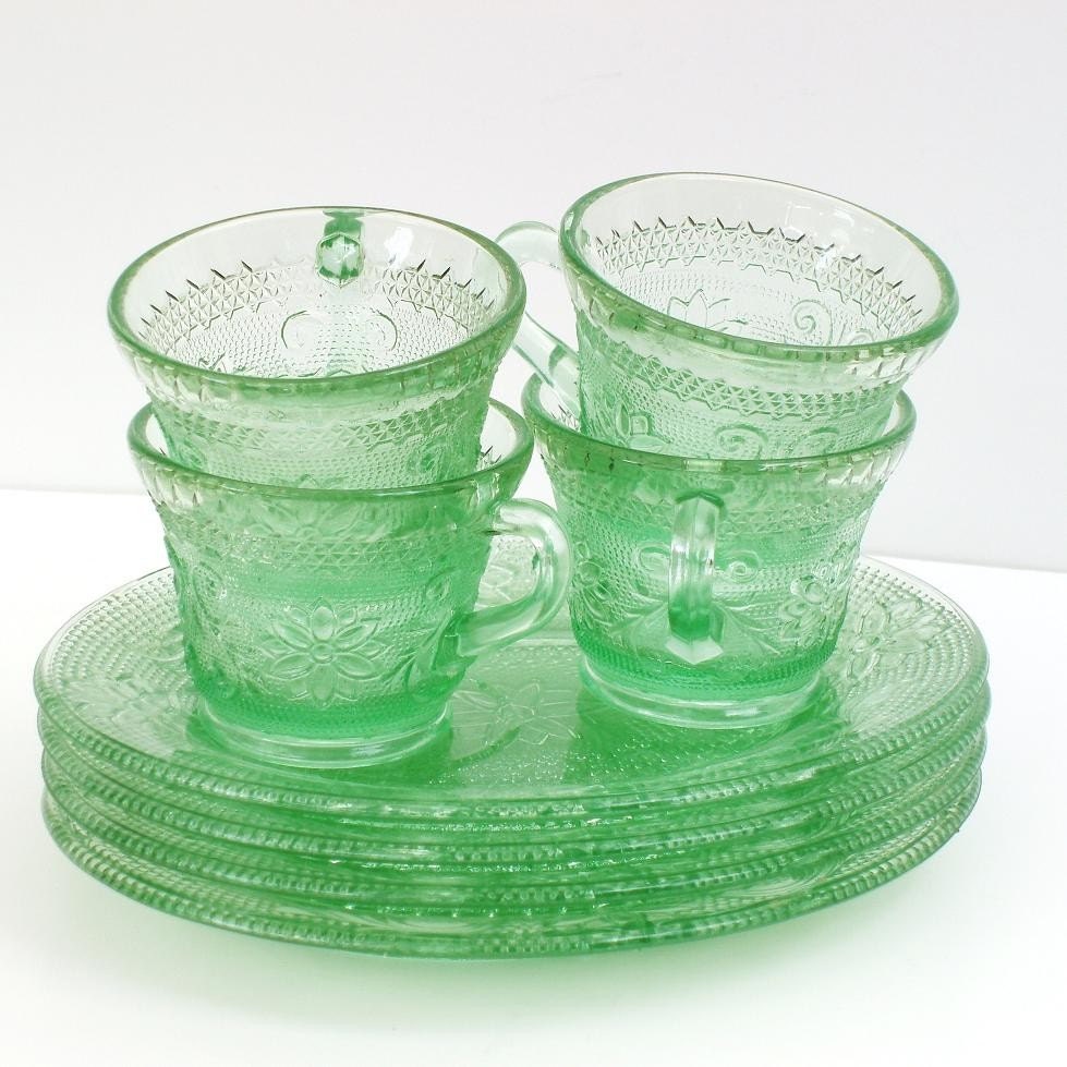 Green Depression Glass, Depression Glass, Green Glass Plates and Cups