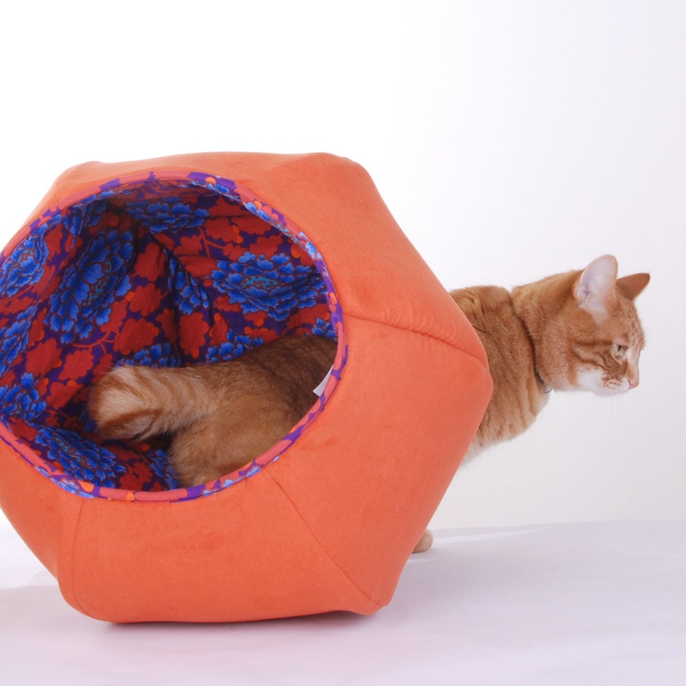 Cat Ball Cat Bed in Beautiful Orange with Blue Lotus Lining - JennasRedRhino