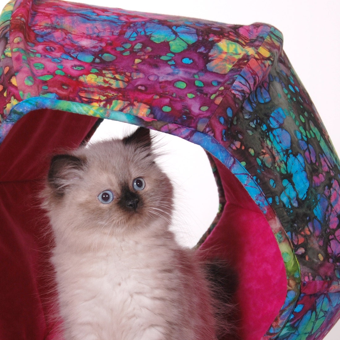 Cat Ball a Modern Kitty Cave Bed in Bright Pink Cotton Batik