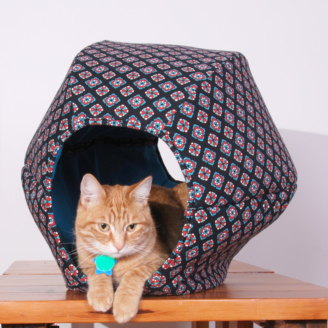 CIJ Summer Sale Jumbo Cat Ball modern cat bed handmade in Red Black and Turquoise fabric