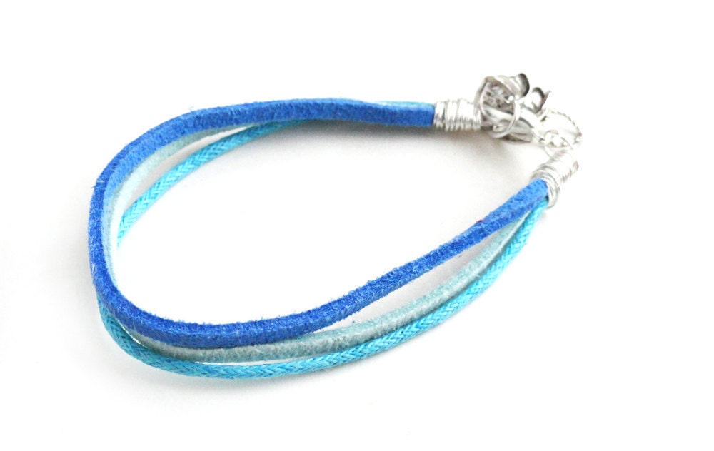 Dark Blue, Light blue Suede Leather, And Aqua Blue Waxed String Cord Bracelet (Get 10% OFF with COUPON CODE for Special Sale)