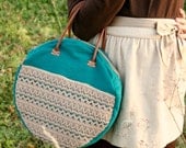Round handbag / tote bag in teal with lace - OOAK, ready to ship