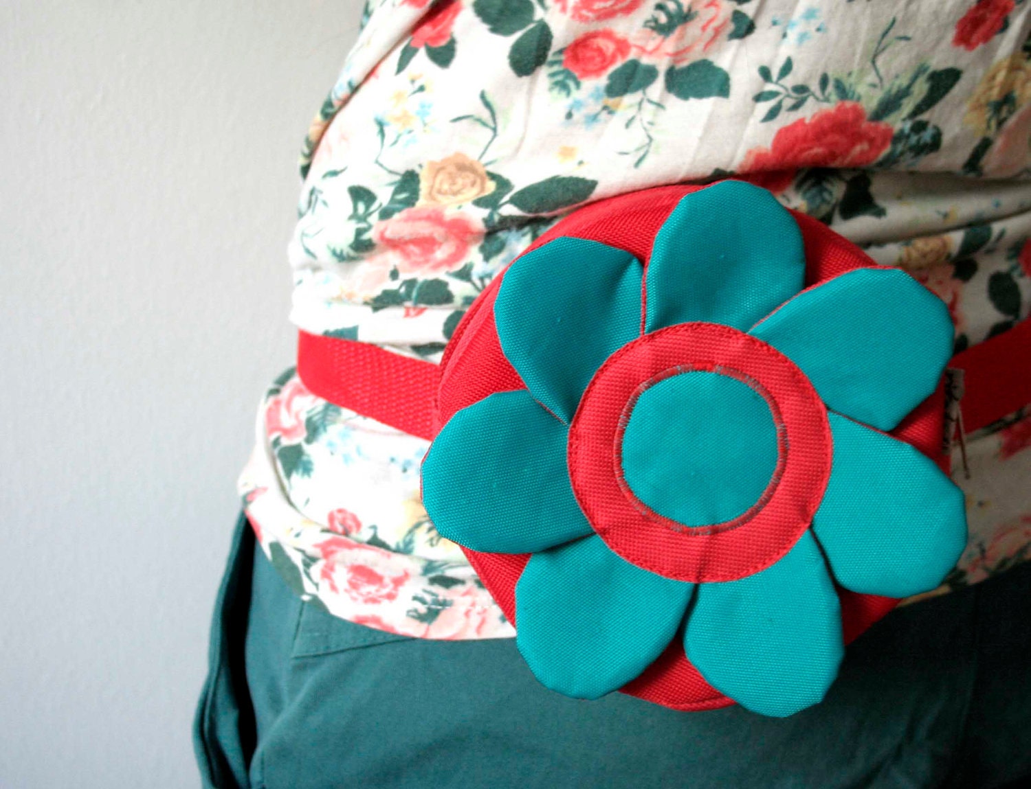 Little Flower waterproof fanny pack, phone case, Ipod case, sport case, red and turquoise, red polka dot lining - ready to ship