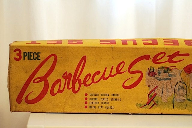 vintage barbecue set tongs, fork, turner, listed buy the house of oliver on etsy