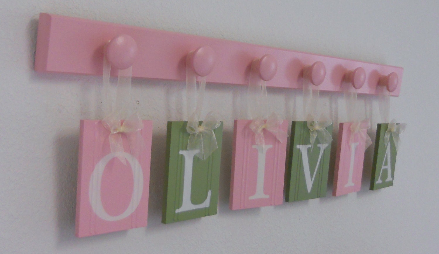 Baby Girl Wooden Letters Sign Includes Personalized Alphabet Wall letters and 6 Pegs Light Green, Pink. Custom Order for OLIVIA