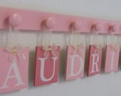 Baby Nursery - Baby Wall Letters Boutique Sign Name - AUDRINA - 7 Wooden Pegs Baby Pink