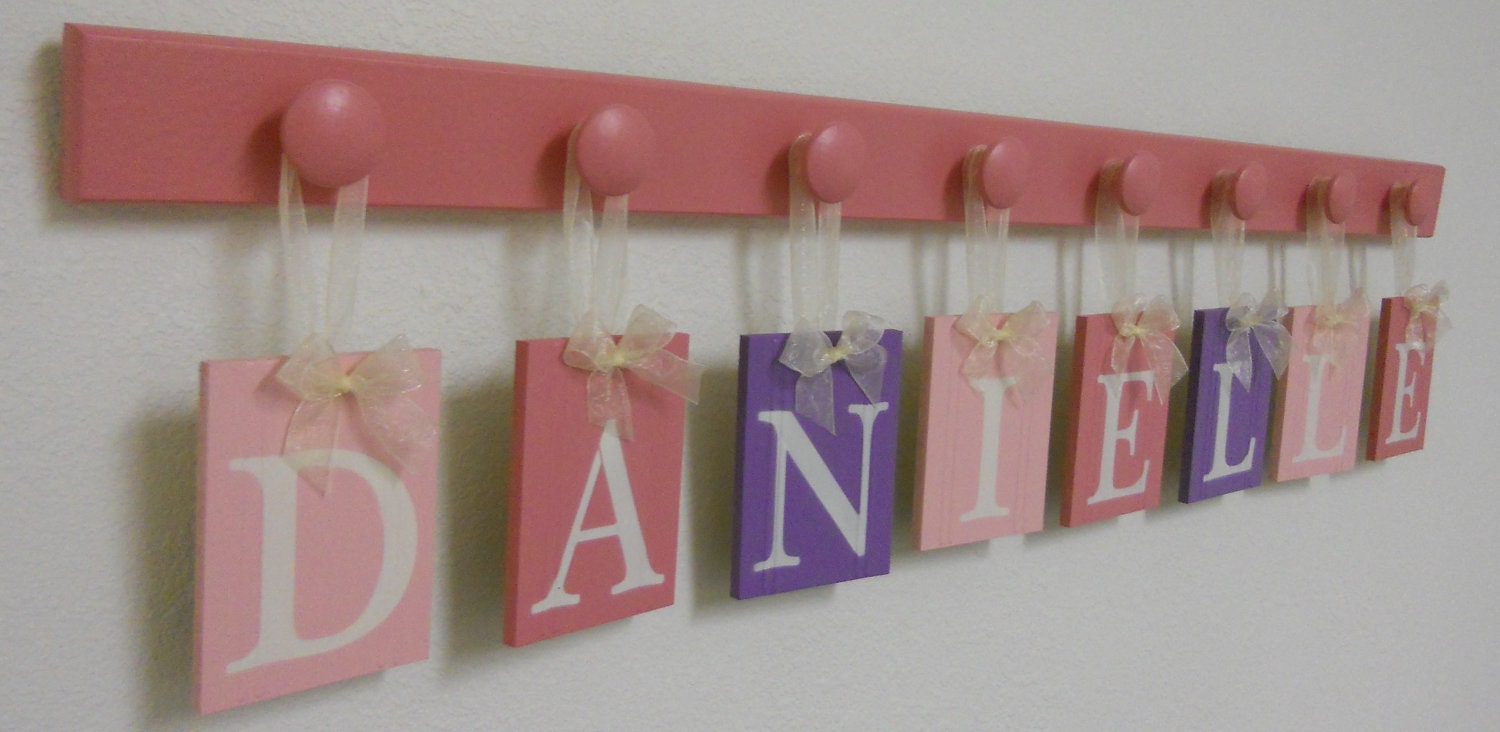 Pink and Purple Baby Name Wall Hanging Ribbon Letter Sign Includes 8 Wooden Hooks Pink, Lilac and  Light Pink.  Custom Gift for DANIELLE