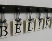 Christian Inspirational Art, Home Decor Wood Sign, Decorative Wall Letters Includes BELIEVE - 7 Wooden Hooks in Black