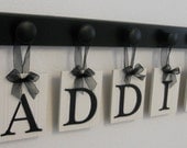Kids Alphabet Nursery Letters. Set Includes 5 Wooden Hangers and Name ADDIE Painted Black and White. Baby Girls Room Wall Decor