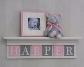 Personalized Children Nursery Decor 24" Linen White Shelf with 6 Letter Wooden Tiles Painted Light Pink and Gray - HARPER