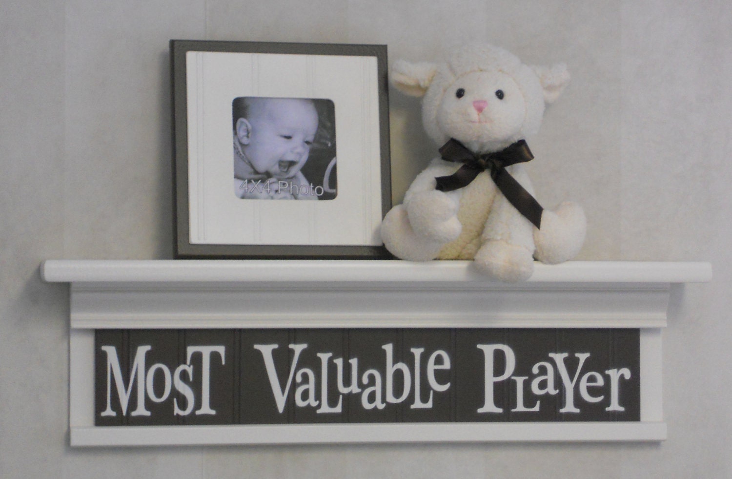 Most Valuable Player - Chocolate Brown Sign on 24" Linen White Shelf Sports Wall Decor Baby Nursery